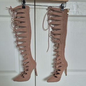 Fashion Nova Tan Over the Knee Lace-Up Boots